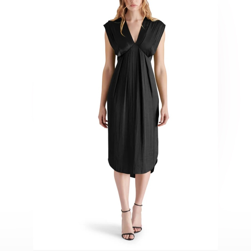 Steve Madden Clarissa Satin Pleated Black Midi Dress, L